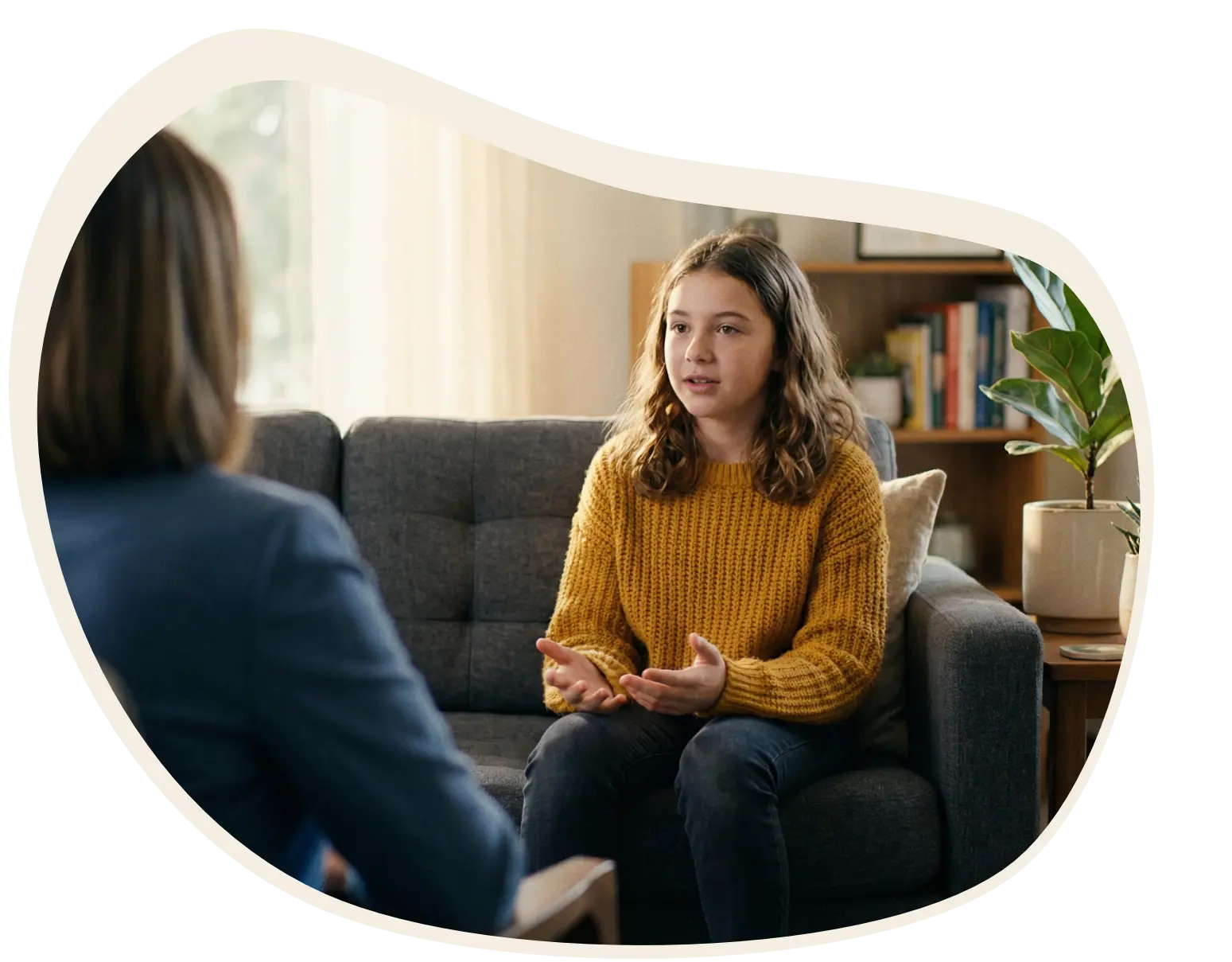 Girl in yellow jumper talking to a therapist